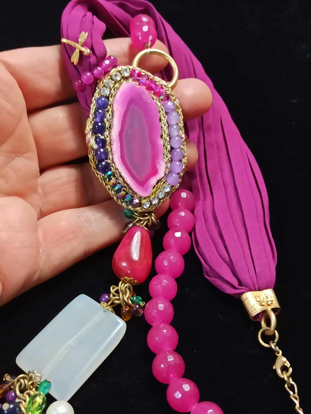 Vintage 80s Pink Agate Slice Beaded Tassel Statement Necklace Art to Wear